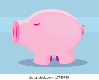 Illustration of a cute pink pig on a blue background/ Pig Vector Cartoon