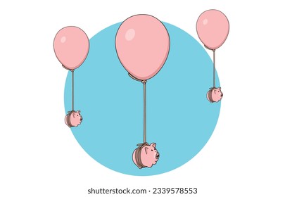illustration of a cute pink piggy bank tied to a balloon flying up