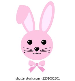 Illustration of a cute pink rabbit with a bow on a white background.