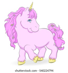 Illustration of a cute pink unicorn on a white background