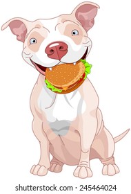 Illustration of Cute Pit Bull Dog Eats Hamburger