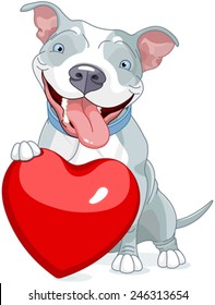 Illustration of Cute Pit Bull Dog holds heart