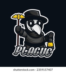 illustration of a cute plague doctor face holding a lantern and staff with text. mascot character style, mascot logo. used for e-sport logo, t-shirt, print, sticker, etc. vector graphic.