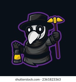 illustration of a cute plague doctor face holding a lantern and staff. mascot character style, mascot logo. used for e-sport logo, t-shirt, print, sticker, etc. vector graphic.