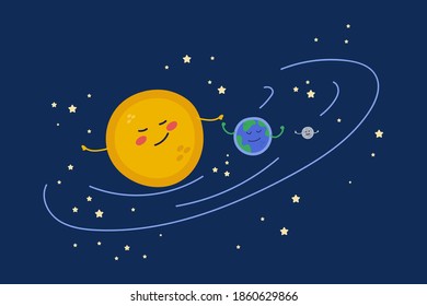 Illustration of cute Planets in a circle of stars. Cartoon universe for children: Sun, Earth, Moon. Beautiful friendly planets hand drawing for children's textile design. Vector illustration