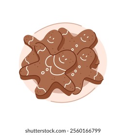 An illustration of a cute plate with gingerbread men biscuits. Christmas cookies for Santa.