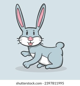 Illustration of a cute, playful cartoon rabbit with large ears and a happy expression on a light blue background.