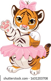 Illustration of cute playful tiger cub ballerina