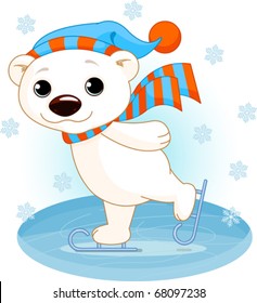 Illustration of cute polar bear on ice skates