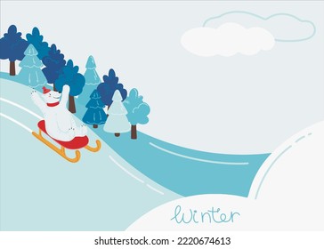 Illustration with a cute polar bear that is sledding. Winter snow landscape and winter activity. Seasonal background with place for text. Vector illustration in a flat style.