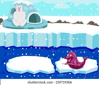 illustration of cute polar bear watching seal fishing 