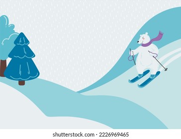 Illustration with a cute polar bear who is skiing. Winter snowy landscape. Seasonal background with place for text. Vector illustration in a flat style.