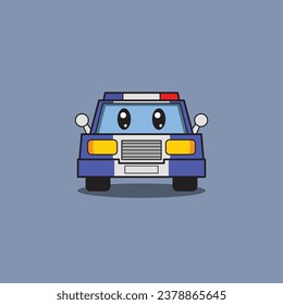 "Illustration of a cute police car cartoon character in a doodle-style vector graphic, suitable for children's books, t-shirts, apparel, and other children's products."