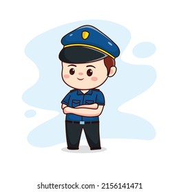 Illustration of cute policeman with crossed hands kawaii chibi cartoon character design