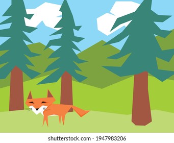 An illustration of cute polygonal fox in the forest