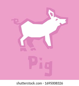 Illustration of cute pretty pig. Vector flat stylized piglet isolated on pink background. Baby lovely icon. Brutal modern style. Thick outline, text. Interactive card for learning English alphabet