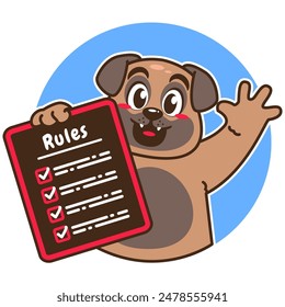 Illustration of Cute Pug Cartoon Character Holding a Checklist or list of rules