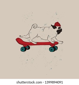 Illustration with cute Pug Dog on skateboard. Funny greeting card, t-shirt design, print, sticker or poster.