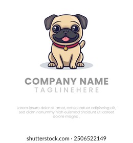 illustration of cute pug dog sitting and smiling mascot, sticker, logo