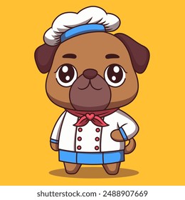 Illustration of a cute pug dog using a chef's costume with cooking skills