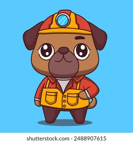 Illustration of a cute pug dog wearing the clothes of a genius construction engineer