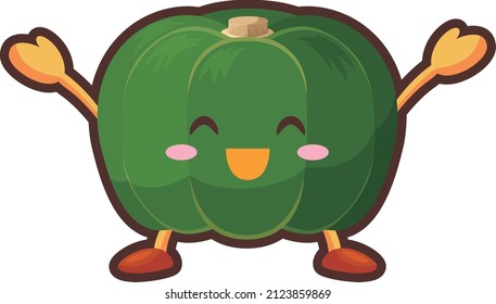 Illustration of a cute pumpkin character who is happy to raise both hands