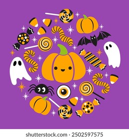 Ilustración de lindas calabazas, dulces y fantasmas para el diseño de tarjetas de truco o trato de Halloween