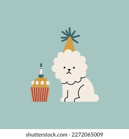 Illustration with a cute puppy and a Birthday cupcake. Funny cartoon style. Can be used in poster, invitation or greeting card design. Birthday party concept. Hand drawn vector illustration.