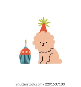 Illustration with a cute puppy and a Birthday cupcake. Funny cartoon style. Can be used in poster, invitation or greeting card design. Birthday party concept. Hand drawn vector illustration.