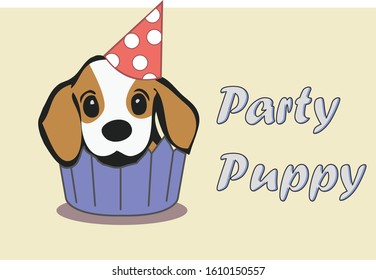 illustration of a cute puppy in a cupcake container using a party hat