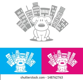 Illustration of a cute puppy in front of a downtown skyline/City Dog Cartoon