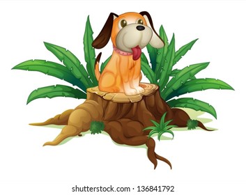 Illustration of a cute puppy sitting above the wood on a white background