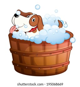 Illustration of a cute puppy taking a bath on a white background