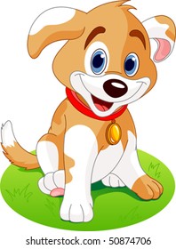 Illustration of a cute puppy, wearing a red collar with a dog tag.