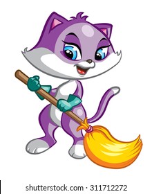 Illustration of cute purple cat cleaning with broom