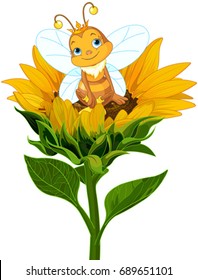 Ilustración de una linda abeja reina sentada en el girasol