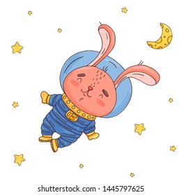 Illustration with cute rabbit cartoon astronaut in space