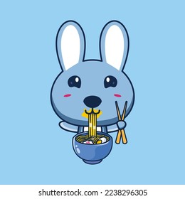 Illustration of cute rabbit cartoon mascot eating ramen noodles while standing