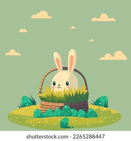 Illustration of Cute Rabbit Character With Grass Inside Basket, Easter Eggs Against Clouds Pastel Green Background. Happy Easter Day Concept.