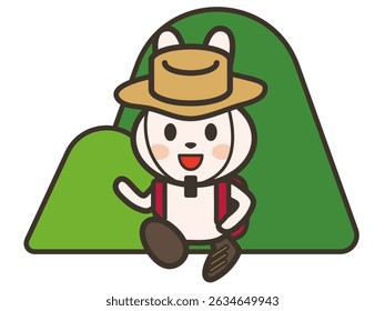Ilustración de un conejo lindo que sube una montaña en ropa al aire libre