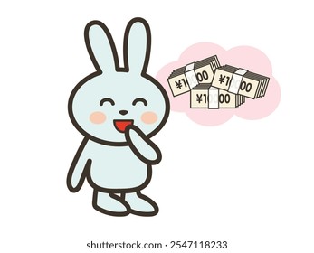 Illustration of a cute rabbit dreaming of becoming rich