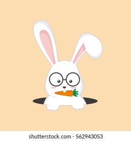 illustration cute rabbit with glasses eat carrot in hole