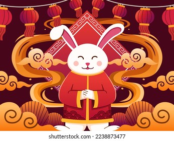 Illustration Cute Rabbit Greeting Happy Chinese New Year 2023. 
Chinese New Year 2023 Year of Rabbit.
Rabbit zodiac cartoon characters.
Can be used for greeting card, postcard, banner, poster, etc.