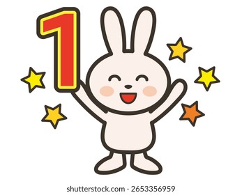 Illustration of a cute rabbit happy to hold the number 1