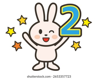 Illustration of a cute rabbit happy with the number 2