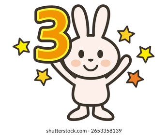 Illustration of a cute rabbit happy with the number 3