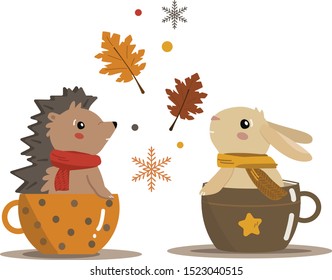 Illustration with cute rabbit and hedgehog. Animals in scarf sit in cups. Autumn, winter season.  