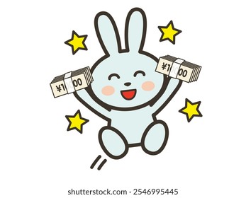 Illustration of a cute rabbit jumping with joy after receiving a large sum of money