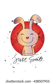  illustration of cute rabbit with lettering " just smile". Cartoon style.