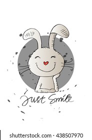  illustration of cute rabbit with lettering " just smile". Cartoon style.